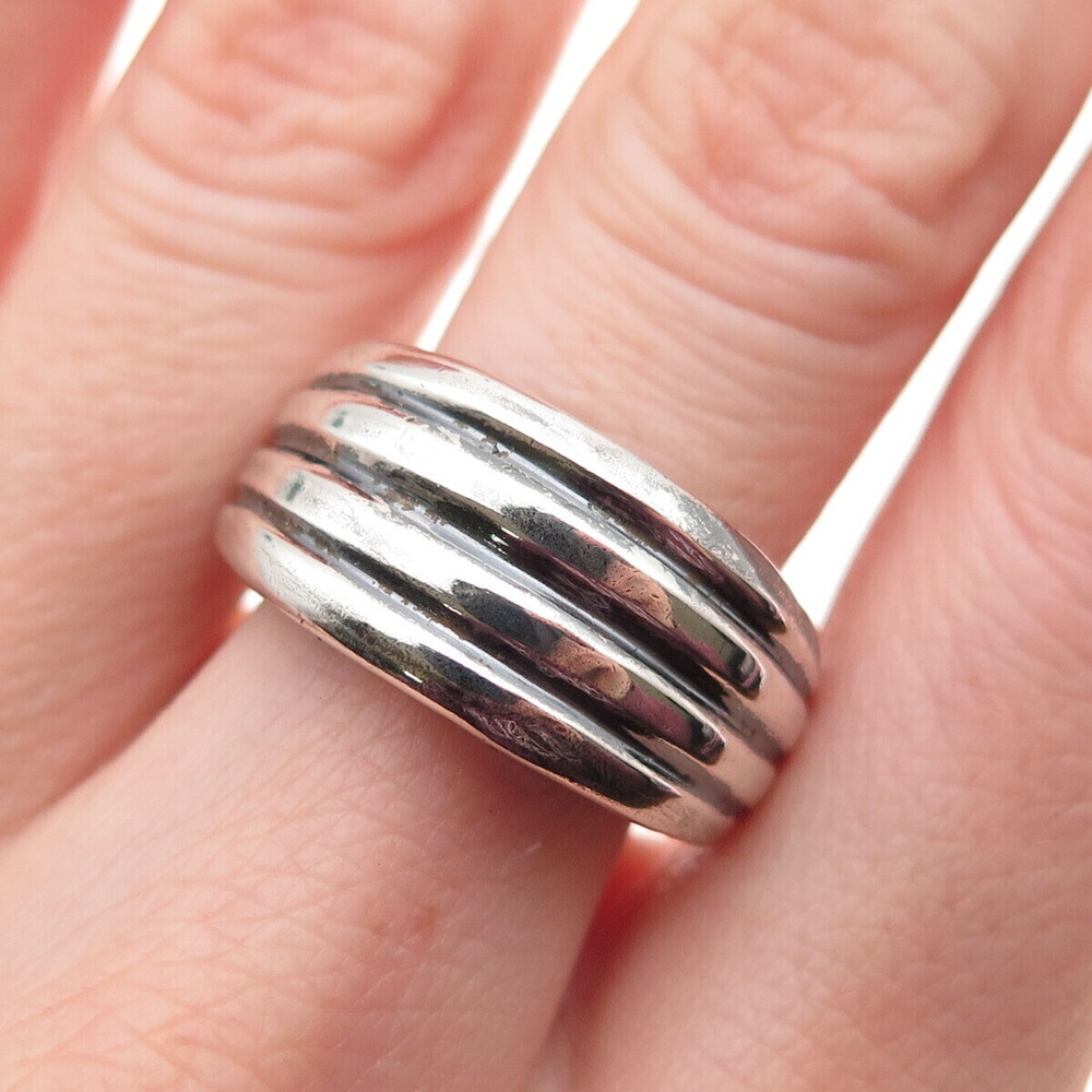 Chapal Zenray 925 Sterling Vintage Modernist Heart & Ribbed Oxidized Ring Size 8